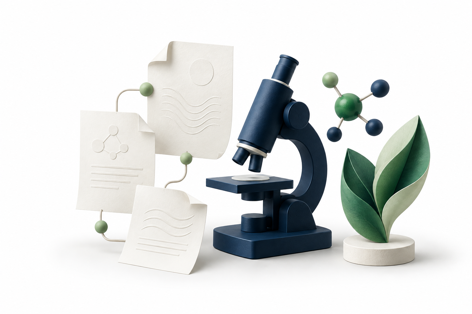 Research papers, a microscope, molecular connections and green leaves representing discovery and innovation